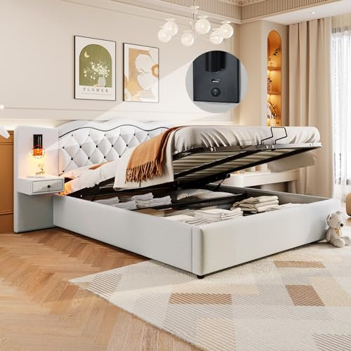 Luxus Polsterbett 180x200cm - Beige - Hydraulischer Stauraum, USB-Ladestationen, LED-Beleuchtung - Multifunktionales Kopfteil mit Schubladen - Modernes Design