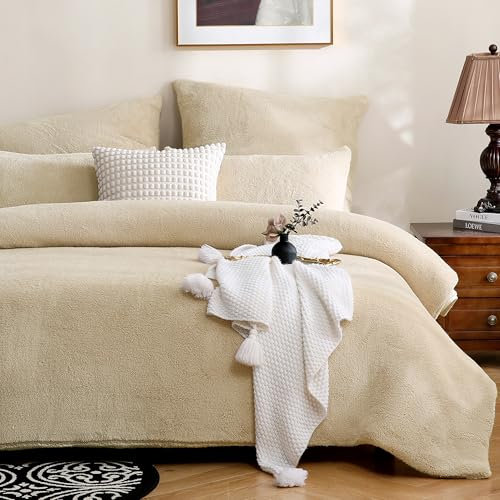 TOCOMOA Plüsch Bettwäsche 135x200 Winter 2teilig - Fleece Warme Creme Bettwäsche-Sets, ÖKO-TEX Zertifiziert Flauschig Weich Mädchen 1 Bettbezug und 1 Kissenbezug 80x80cm mit Reißverschlus
