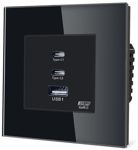 TAWOIA Prise Schuko, 65 W type C et interface de charge rapide USB pour téléphones portables, tablettes et ordinateurs portables, cadre en verre cristal, prise encastrée, prise USB C, noir, 86 x 86 mm