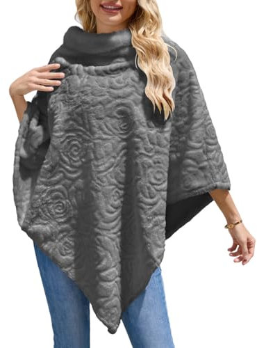 Ferand Poncho, maglione da donna elegante in pelliccia sintetica con motivo a rosa, sciarpa morbida e calda per l'inverno, grigio., Taglia unica