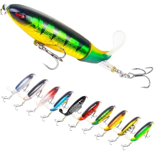 Bnqoe 10Pcs Fishing Lures for Bass, Whopper Lures Kit, Top Water Fishing Lures with Hooks, Popper Floating Lure for Bass Catfish Pike