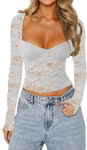 Women's Sexy Floral Lace Long Sleeve Sweater Heart Neck Mesh Crop Top, Slim Fit Layering Going Out Tee Blouse (White, S)