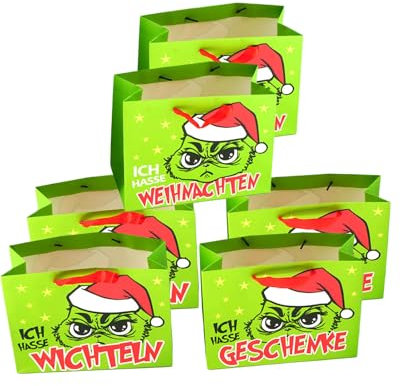KAMACA 6er Set Geschenktaschen Papier Geschenktüten mit Weihnachtsmotiv Weihnachtstüte mit lustigem Spruch Weihnachten Nikolaus (6er Set Festtags-Muffel HxBxT 21 x 27 x 10)
