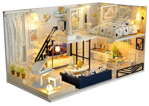 DIY Book Nook Puppenhaus Kit mit Möbeln und LED Licht, DIY Miniatur Haus Kit Holzkunst Buchstützen Modell Kits DIY Miniatur Puppenhaus Bücherecke Bibliothek für Erwachsene Geschenke