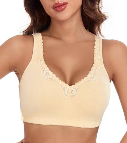 Lemorosy Comfort Plus Size Women's Lace Cotton Bras Full Coverage Non-Foam Wireless Underwear(Beige,40B)