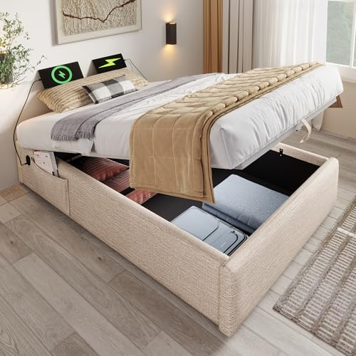 Zravenna Polsterbett 90×190 cm mit Bettkasten, Gepolstert Bett mit Struraum, Struraumbett mit US/B-C, Bettgestell mit Vollflächiger Lattenrost, Ohne Kopfteil, Baumwolle, Natur