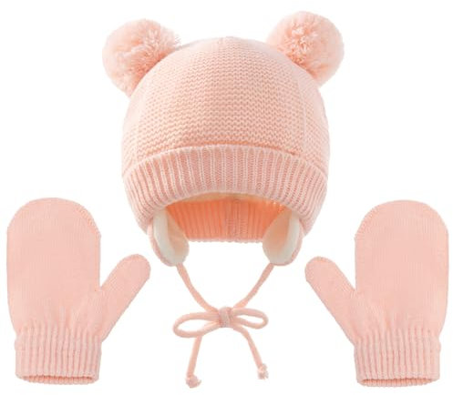 HTTDSLF Baby Mütze und Handschuhe Set, Baby Mädchen Mütze, Kleinkind Winter Strickmütze Hüte, Winter Babymütze, Warme Wintermütze Mit Bommel
