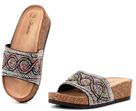 JOMIX Mules Femmes Compensés été Claquettes Femme Sandales avec Perles Tongs Confortables pour Piscine Plage Mer (Noir, 37)