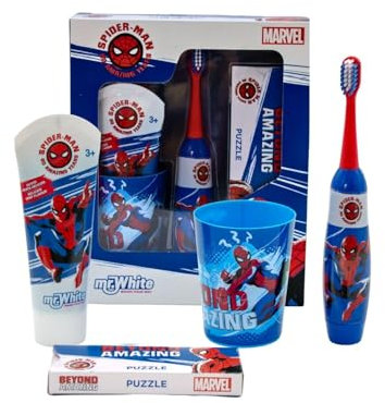 El kit de cuidado bucal Spiderman Kids contiene cepillo de dientes eléctrico alimentado por pilas con cerdas suaves, pasta de dientes de menta, vaso multiusos y rompecabezas increíble para mayores de