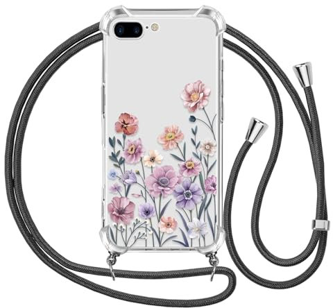 Ciciber Ttusy Handykette Hülle für iPhone 7 Plus /8 Plus mit Band, Stoßfest Durchsichtig Muster Blumen Case Weiches Silikon Schutzhülle mit Kordel zum Umhängen Necklace HandyHülle, 04