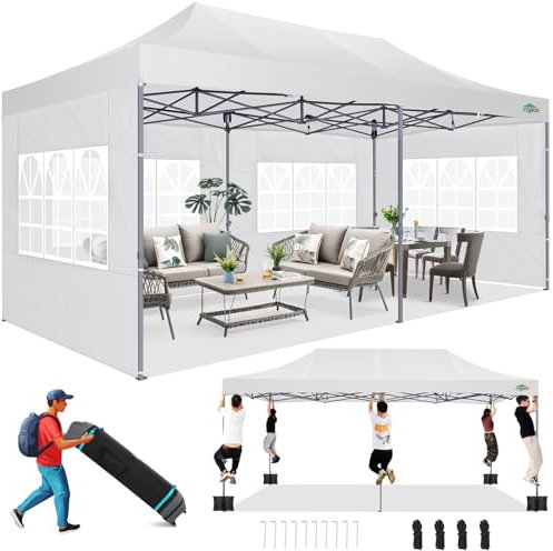 COBIZI 3x6m Pop-up Pavillon Robust mit 6 Seitenwänden, Einfach aufzubauendes Partyzelt für Outdoor-Veranstaltungen, 100% Wasserdichtes, 3-Fach höhenverstellbar mit Transporttasche auf Rädern, Weiß