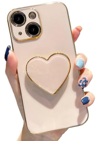 Sutpstmt Cute Case for iPhone 14 Plus 6.7'', Pink Soft Plating TPU Shockproof Protective Cover with Stand, Luxury Bumper Love Heart Holder Kickstand Phone Case for Girls Women