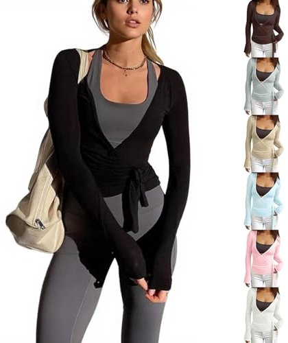 Frauen Y2k Ballett Wrap Top Langarm Tiefer V-Ausschnitt Slim Fit Yoga Pilates Ballet Workout Tops Sexy Blickdichter Wickeloberteil Weiches Bandage Shirt Einfarbig Wickelbluse Dancewear Tanzbekleidung