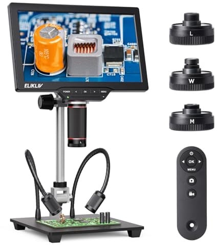 Elikliv TL301 Max 4K Magnetisches 3-Linsen Münzmikroskop, 10,1 Display | Für Elektronikreparatur & Münzprüfung, 10,1 Digitalmikroskop, 3 Linsen, Seitenlicht, 10 Ständer, HDMI/USB, 64GB