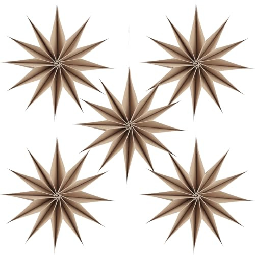 BestoFun 5 PCS 12-Pointed Brown Paper Star Lanterns Hanging Stars Christmas Party Decorations Hanging Lampshade Christmas Wedding Birthday Christmas Home Party Decorations(12 Inch)