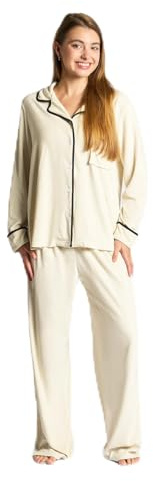OHS Pjs for Women Sets Piped Edge, Long Sleeve and Full Length Bottom Women's Pyjama Sets Bride Pjs Two Piece Button Down Pyjamas for Women Sleepwear, Cream - L/XL