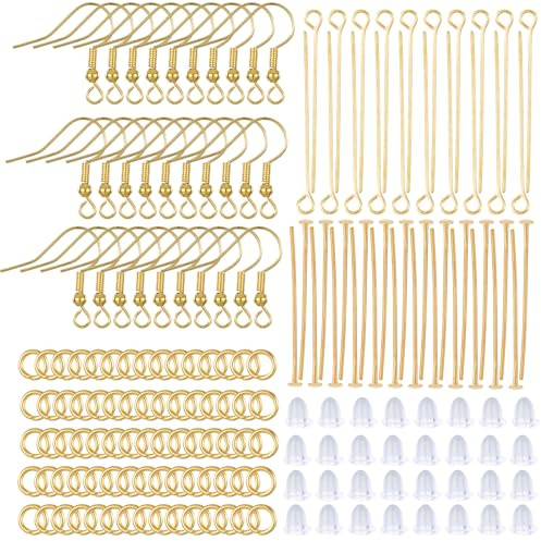Skrfren 800Pcs Earring Making Kit, Gold Earring Hooks for Jewelry Making DIY Earrings Jewellery Findings Supplies with Earrings Hooks, Backs, Pins and Jump Rings