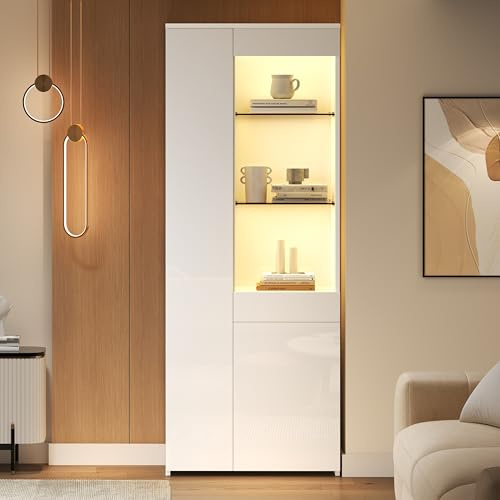 A ALFRESCOOL 70 * 35 * 180 cm Vitrinenschrank mit Schubladen, Wohnzimmerschrank, Vitrine Hochglanz, Glasvitrine Stehend mit LED-Beleuchtung, Bücherregal, Standvitrine, Empfohlene Tragkraft 45kg(Weiß)