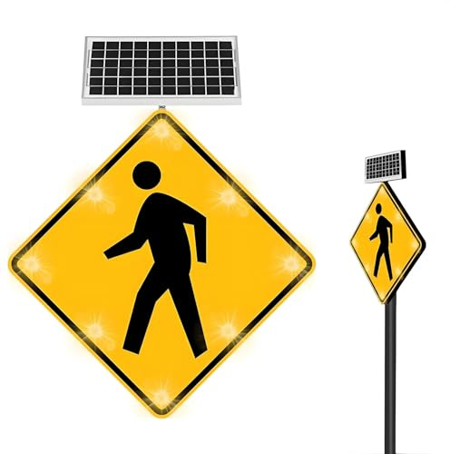 COAKUE Panneau de Passage piéton Solaire 24''/30'', Panneaux de Passage piéton en Aluminium IP65 résistants aux intempéries, Panneau de signalisation routière Clignotant à LED 60cm/24in