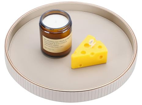Nzkeuf Round Tray, Candle/Perfume Plate, PU Leather Large Tray, Multifunctional Table Tray, Serving Platter, Valet Tray, Luxurious & Practical Gift for Housewarmings Home Decors (Beige)