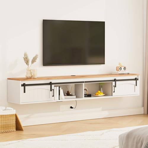EazeHome 71” Floating TV Stand with Power Outlet, Farmhouse Wall Mounted TV Cabinet with Sliding Barn Doors, Entertainment Center for TVs up to 75”, Media TV Console for Living Room, Bedroom, White