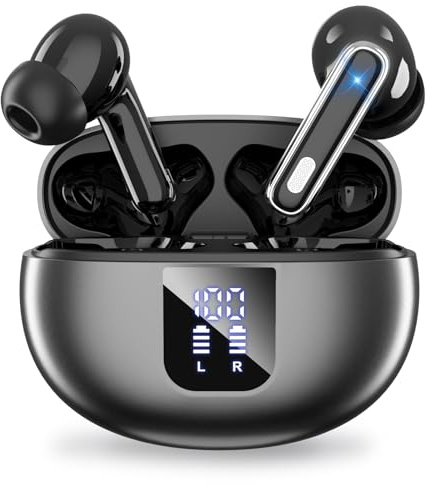 Kopfhörer Kabellos Bluetooth 5.4 ANC+ENC Noise Cancelling In Ear Kopfhörer 360° HiFi Stereo 1 std Schnellladung 36 Std Spielzeit Ohrhörer mit LED Ladebox S/M/L Ohr Kappen Type C Ladekabel (Schwarz)