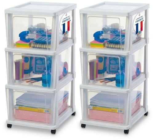 Iris Ohyama, Rollcontainer Kunststoff auf Rollen, 2er-Set, 3 Grosse Schubladen, Weiß, Leichtes Öffnen, Aufbewahrung, für Badezimmerschrank, Zimmer, Organizer, BPA-frei, KMC-303