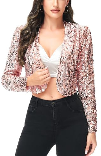 Anna-Kaci Pailletten Metallic Retro Disco Geerntetes Langarm Bolero Jacke, L, Rosa Gold