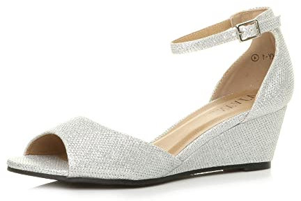 Womens Ladies Low mid Wedge Heel Ankle Strap Casual Evening Sandals, Silver Mesh Glitter, 3 UK