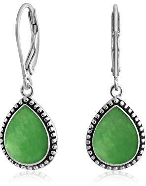 Boho Western Stil Grün Gefärbte Jade Halbedelstein Birne Geformt Träne Hebel Zurück Baumeln Ohrringe Für Frauen Teenager Oxidiert .925 Sterling Silber