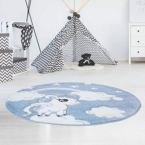 carpet city Kinderteppich Flachflor Bueno Konturenschnitt mit Einhorn Sterne Regenbogen in Blau für Kinderzimmer, Größe: 120 cm rund, bueno-1450-blue-120x120rund
