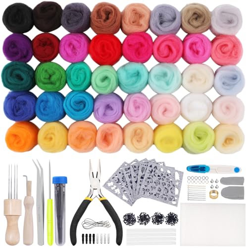 KAMAIKA Nadelfilz Set, Filzwolle Trockenfilzen Set mit 40 Farben Filzwolle Märchenwolle, 3 Größen Filznadeln, Nadelfilzen Starter Set für Hand Spinnen Nadel Filzen DIY Handwerk