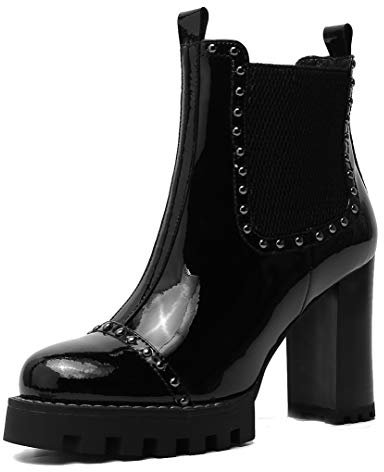 ANNIESHOE Stiefeletten Damen Kurzschaft Nieten Chelsea Boots Lack High Heels Absatz Plateau Schwarz 35CN 35EU 22.5cm