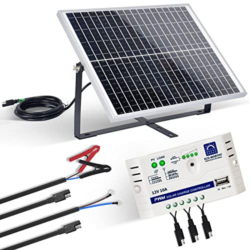ECO-WORTHY 25W 12V Kit Panel Solar Monocristalino Placa Solar: IP65 Panel Solar a Prueba de Agua con Soporte, Cable de Conexión SAE, Controlador USB, para Barcos, Luz, Gallinero,Bomba