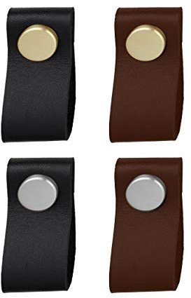 Natural Goods Berlin Möbelgriffe SCHLUPPE echtes Leder Design Möbelknöpfe Metall Möbelknauf Türgriff Schränke, Kommode, Sideboard Küchenfront Schubladengriff Wandhaken (5, Braun/Gold (gebürstet))