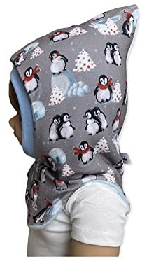 Schlupfmütze Pinguin grau,Mütze und loop, Jersey Fleece Gr 40-56 kindermütze, halssocke, mütze baby junge schalmütze
