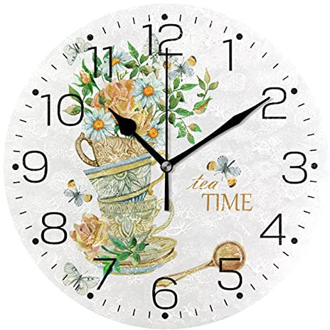 Moyyo Watercolor Tea Cups Wall Clock Silent Non Ticking Battery Operated Wall Clock Modern Round Frameless Decorative Wall Clock for Living Room Kitchen Bedroom Office School Classroom Farmhouse