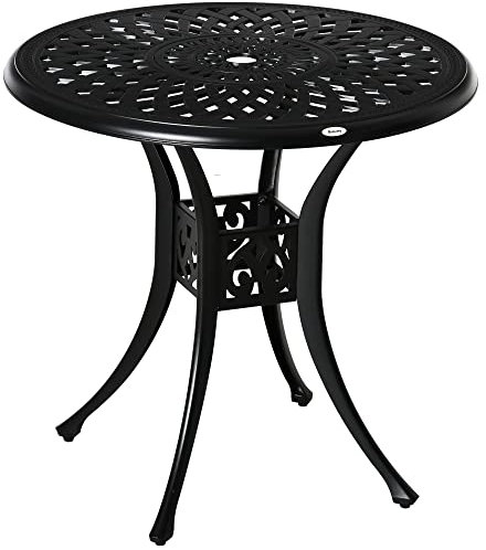 Outsunny 78cm Round Garden Dining Table Bistro Set with Parasol Hole Antique Cast Aluminium Outdoor Table, Black
