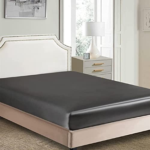 Spannbettlaken 160x200cm Anthrazit Grau Boxspringbett Satin Bettlaken Leintuch Glänzend Seide Spannbetttuch Uni Muster Hochwertiges Spannleintuch für Hohe Matratze bis 25-30 cm