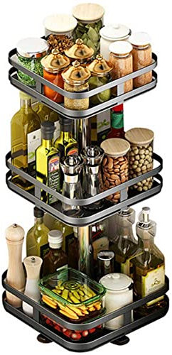 BAKAJI Supporto Dispenser Contenitore Portaspezie Cucina in Metallo con 3 Ripiani a Cesto Girevoli a 360 Gradi Regolabili in Altezza Accessori Salvaspazio Casa Cucina Design Moderno (Quadrato)