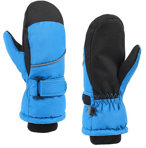 Azarxis Kinder Skihandschuhe, Winddichte Wasserdicht Handschuhe, Warme Fausthandschuhe für Kinder 3-12 Jahre (A - Blau, S (7-9 Jahre))