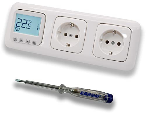 Halmburger Raumthermostat Raumtemperaturregler ERD-1Urg DIGITAL in Busch Jäger Reflex SI alpinweiß 3f Rahmen + 2 x Steckdose 20EUC-214 + EBROM Phasenprüfer zur Montage der Geräte, Fußbodenheizung
