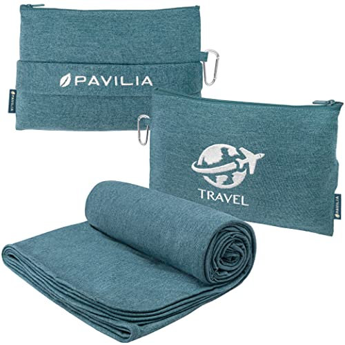 PAVILIA Weiche Kompakte Reisedecke und Kissen, Faltbare Flugzeugdecke in Tasche, Leichte Tragbare Flugdecke Set mit Gepäckgurt, Camping Flugzeug Auto Home Office Geschenk Zubehör, Blaugrün