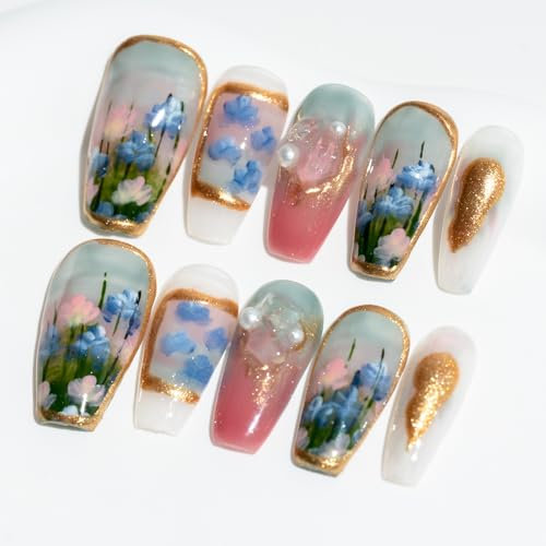 Sun&Beam Nails Handmade Press On Nail Long Coffin Ballerina Painting Gree Acrylic Fake Tip 3D Design Art Charms Cute with Storage Box 10 Pcs (#31 Painting | Green XS)