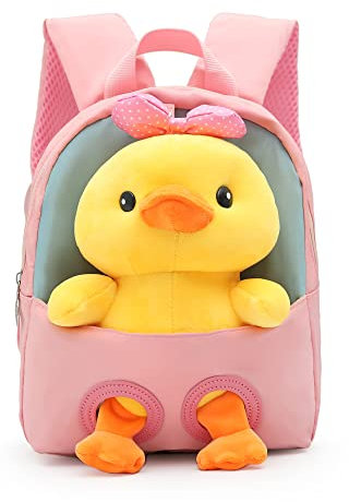 MIDSuN Kleiner Kinderrucksack,Abnehmbarer Plüsch Puppe Kindergartenrucksack,Enten Bär Kindergarten Rucksack Kindertasche für 2-5 Jährige Kindergarten Junge und Mädchen (Rosa)