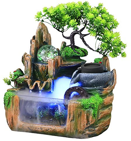 Zimmerbrunnen LED Tischbrunnen Steingarten Wasserfall Desktop Brunnen Nebel Pflanze Zimmerbrunnen Ornament für Wohnzimmer Schreibtisch