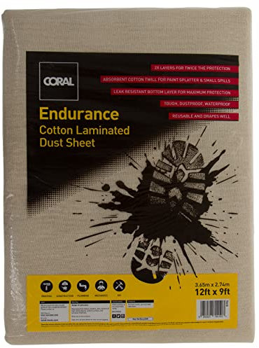 Coral 72410 Endurance Cotton Dust Sheet Paint Drop Cover Laminated for Spill Protection Painting Decorating Large 12 x 9ft (3.6 x 2.7m)