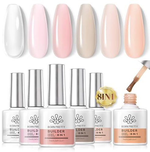 BORN PRETTY Builder Gel 8-in-1, 6 Colors Nude Pink Gel for Nails, Clear White Hard Gel Builder Nail Extension Gel in a Bottle for Nail Starter