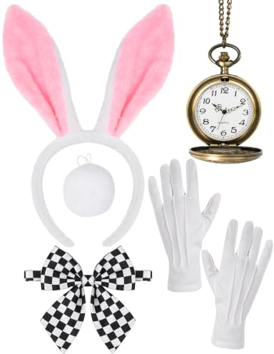 Spooktacular CreationsSet di accessori da coniglio bianco con fascia, papillon, coda, guanti e orologio da taschino per travestimento di Halloween da donna.