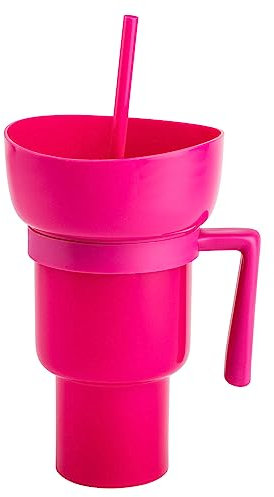 KSIEE Stadium Cups, Cup With Snack Bowl On Top, Stadium Tumbler With Snack Bowl, 2 In 1 Snack Tumbler With Straw For Cinema (Pink)